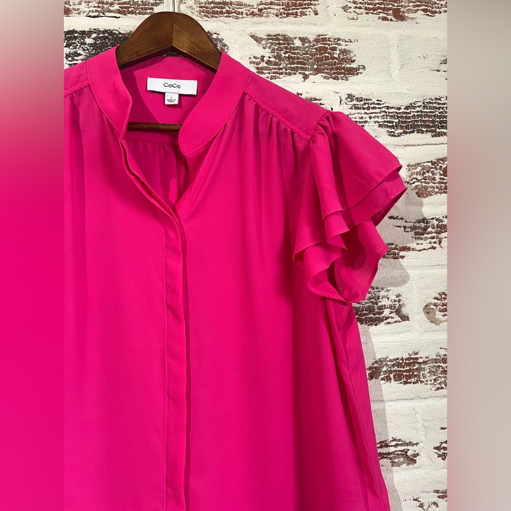 Cece Blouse Button-Down Double Flutter Short Slee… - image 2